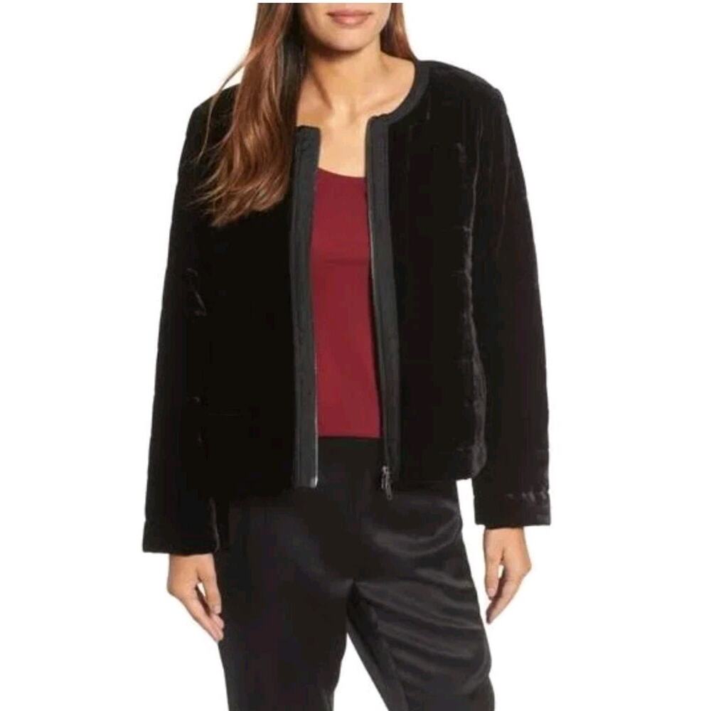 EILEEN FISHER Jacket S Velvet Silk Blend Full Zip Quilted Lined Black